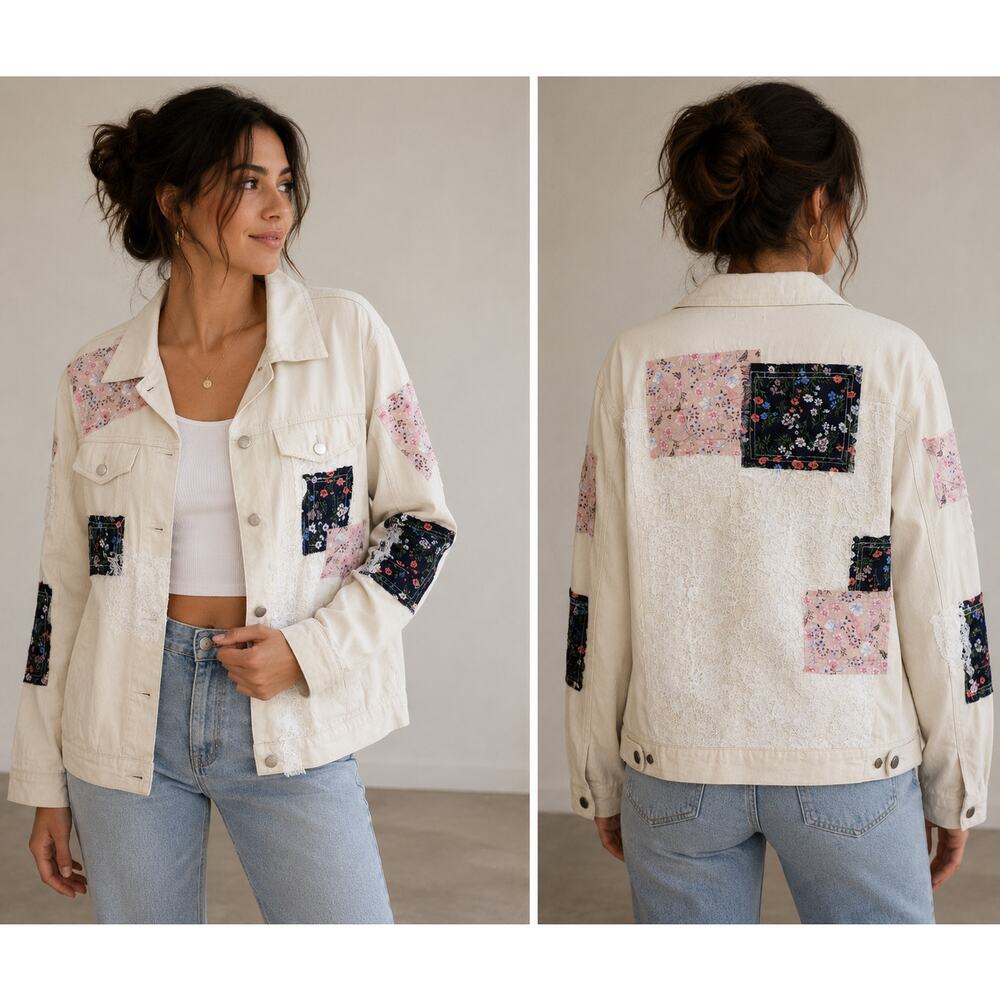 POL Patchwork Jacket Large Oversized Lace Shabby Chic Cottagecore Whimsical NWOT